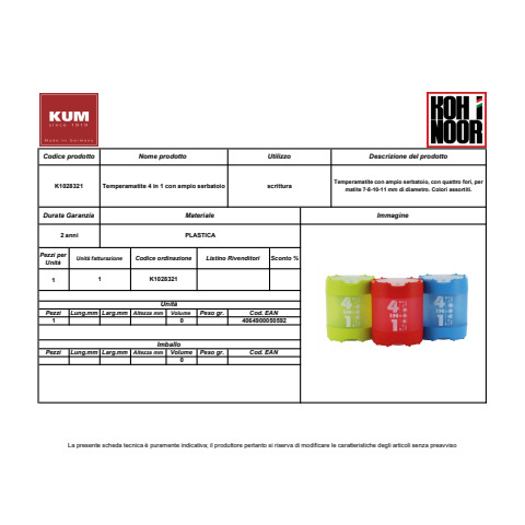 Espositore 20 temperamatite 4 in 1 Kum con ampio serbatoio - colori assortiti K1028321